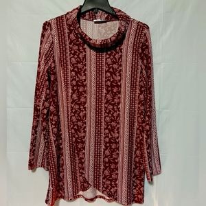 Frumos EUC Women's Tunic, Criss Cross Front Wrap, Sz 1X, Burgundy & White